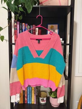 Forever 21 Colorblock V-Neck Sweater - Pink, Teal, Yellow, Cream & Lavender